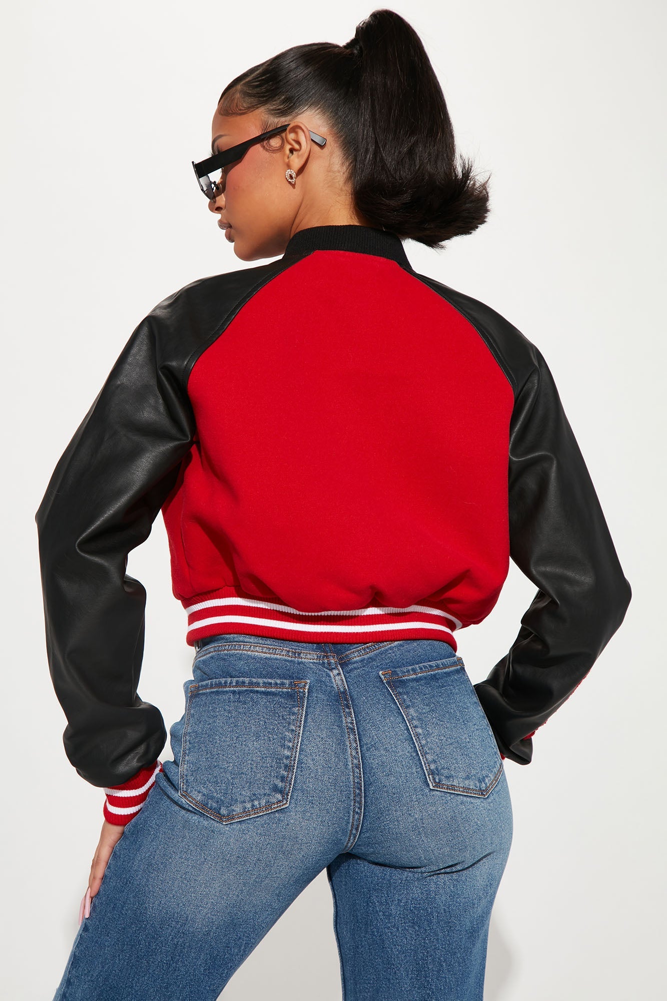 Bulls Cropped Letterman Jacket - Red/Black