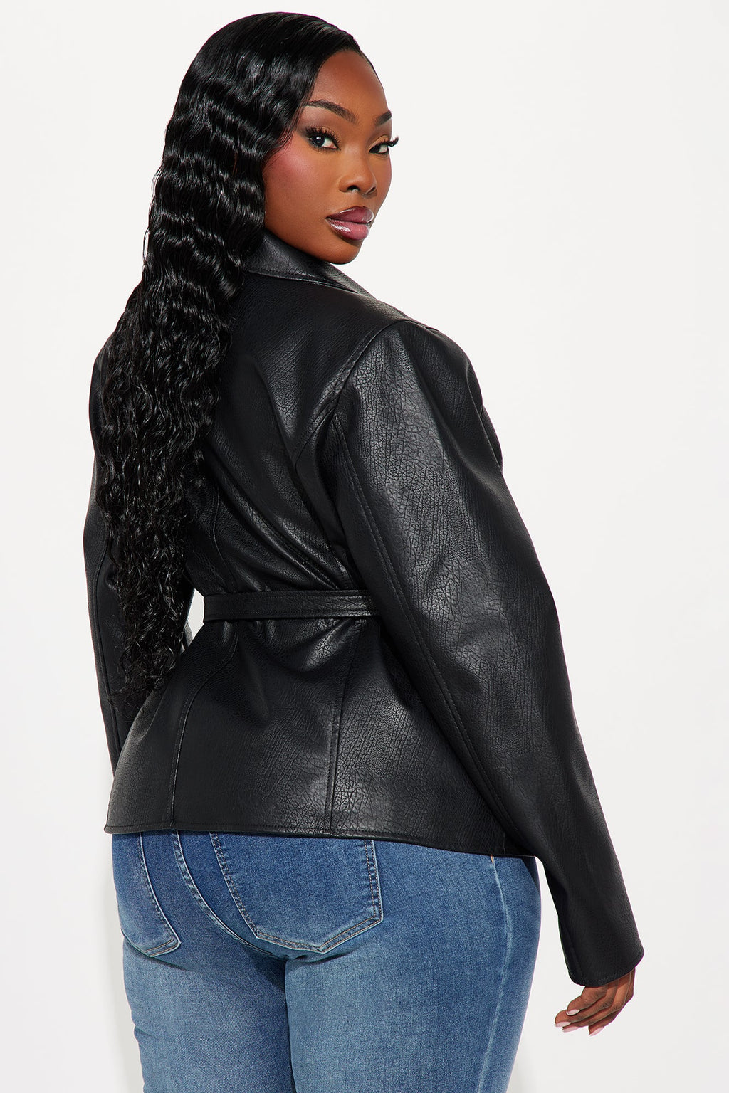 Tanya Belted Faux Leather Blazer - Black