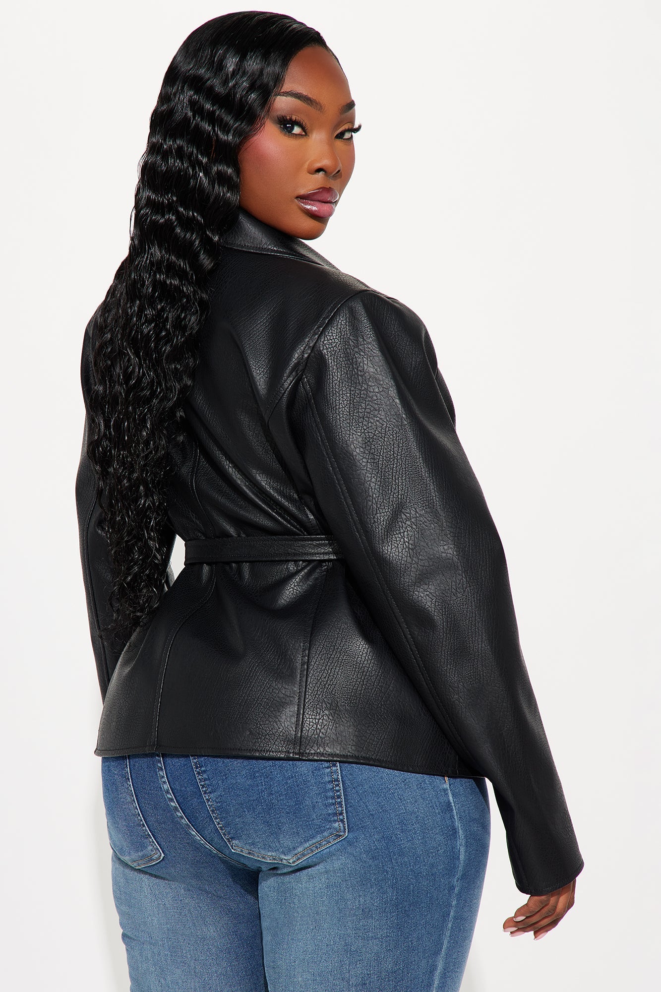 Tanya Belted Faux Leather Blazer - Black