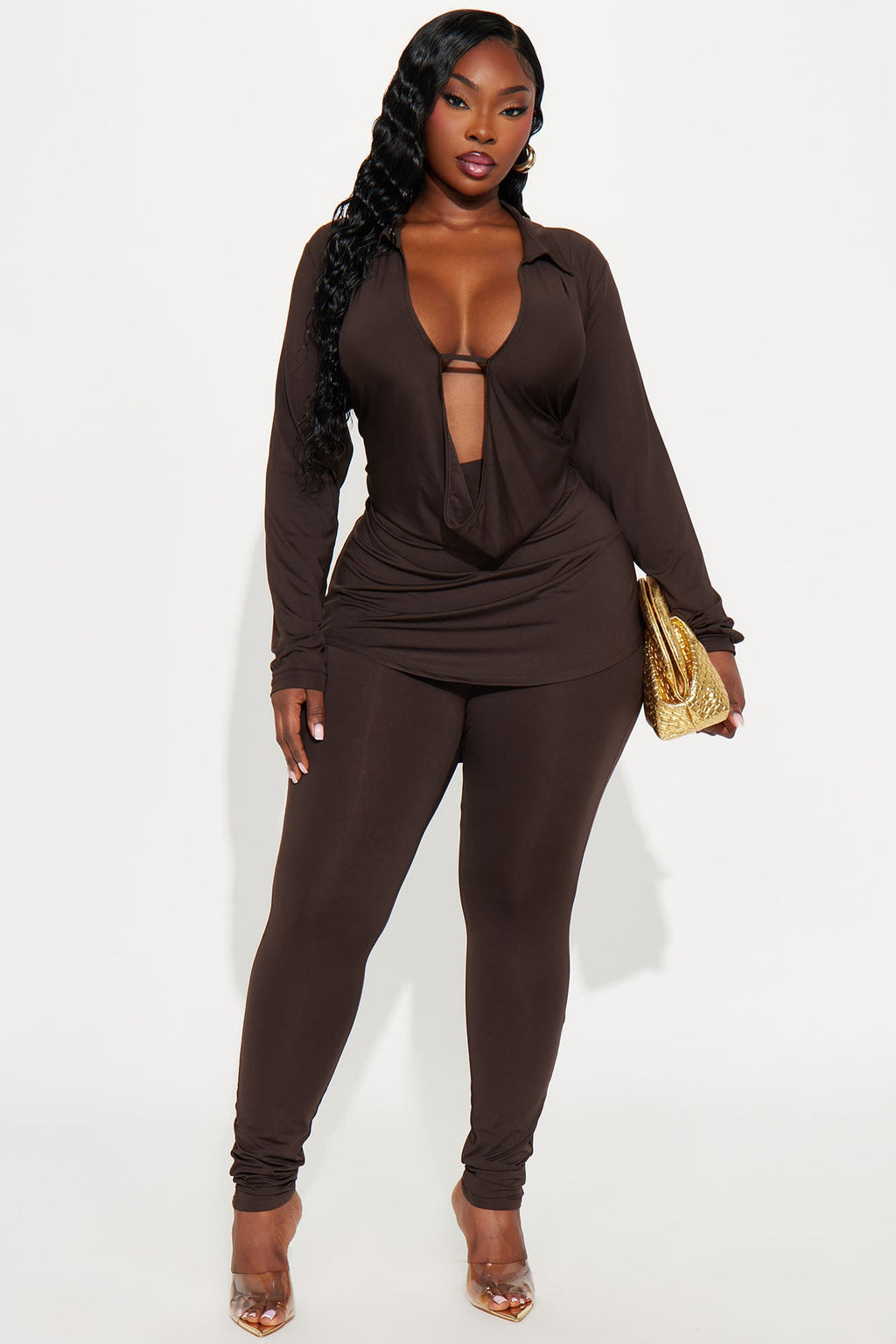 Monique Cowl Neck Legging Set - Chocolate