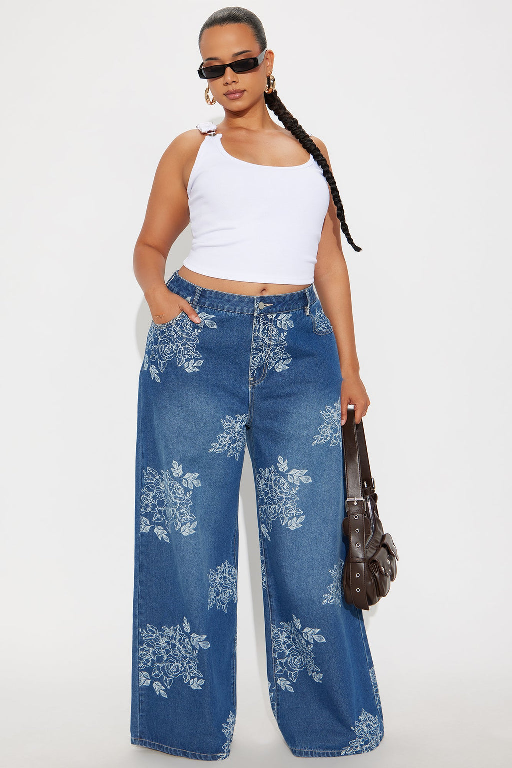 Rose Kiss Floral Print Wide Leg Jeans - Medium Wash