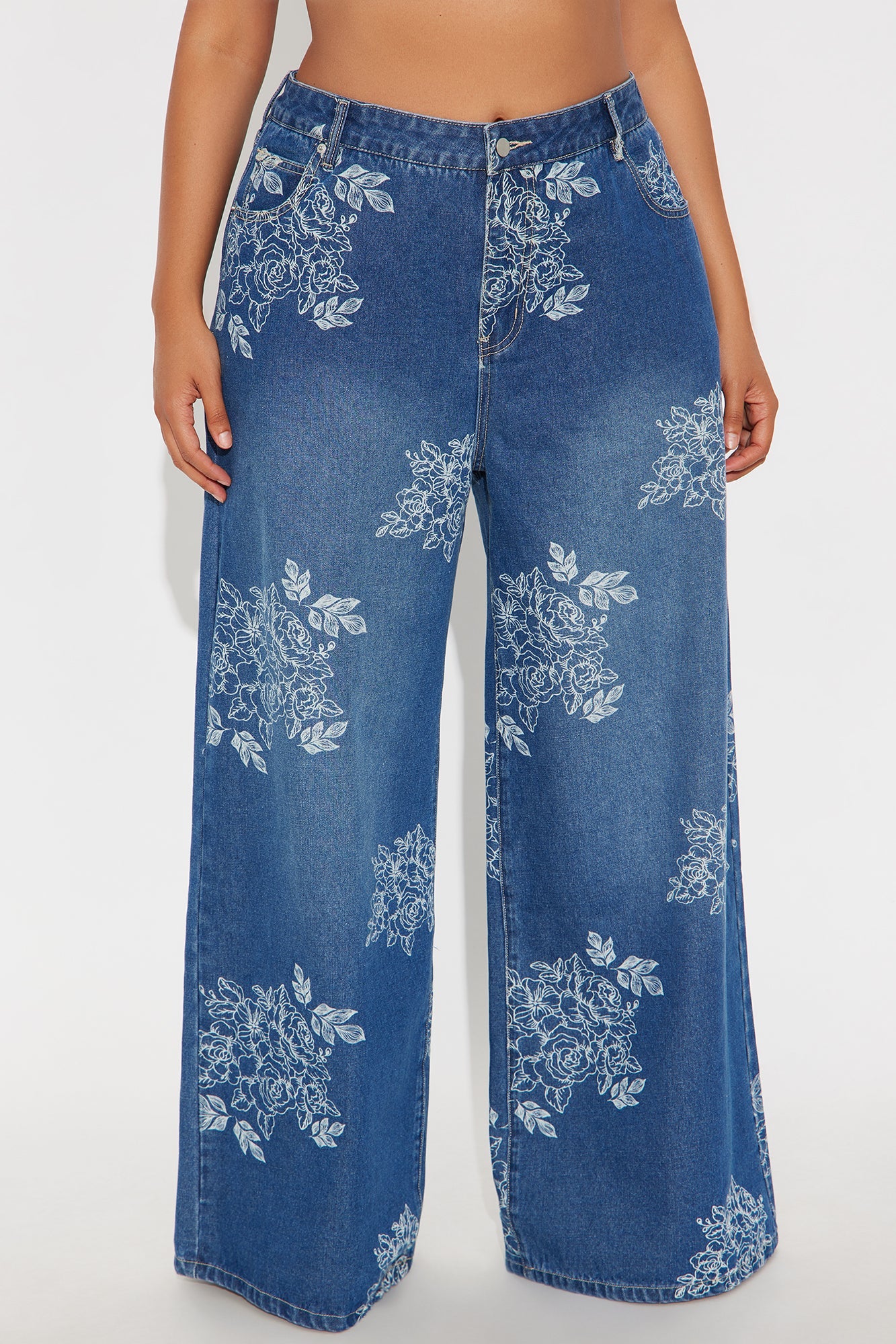 Rose Kiss Floral Print Wide Leg Jeans - Medium Wash