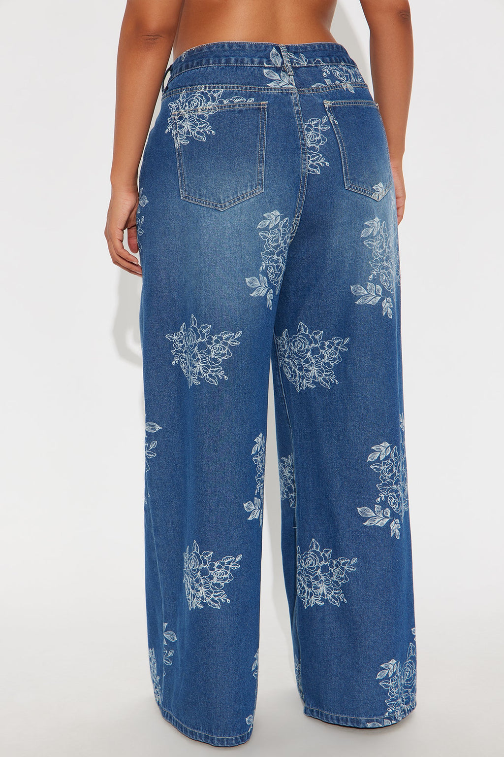 Rose Kiss Floral Print Wide Leg Jeans - Medium Wash