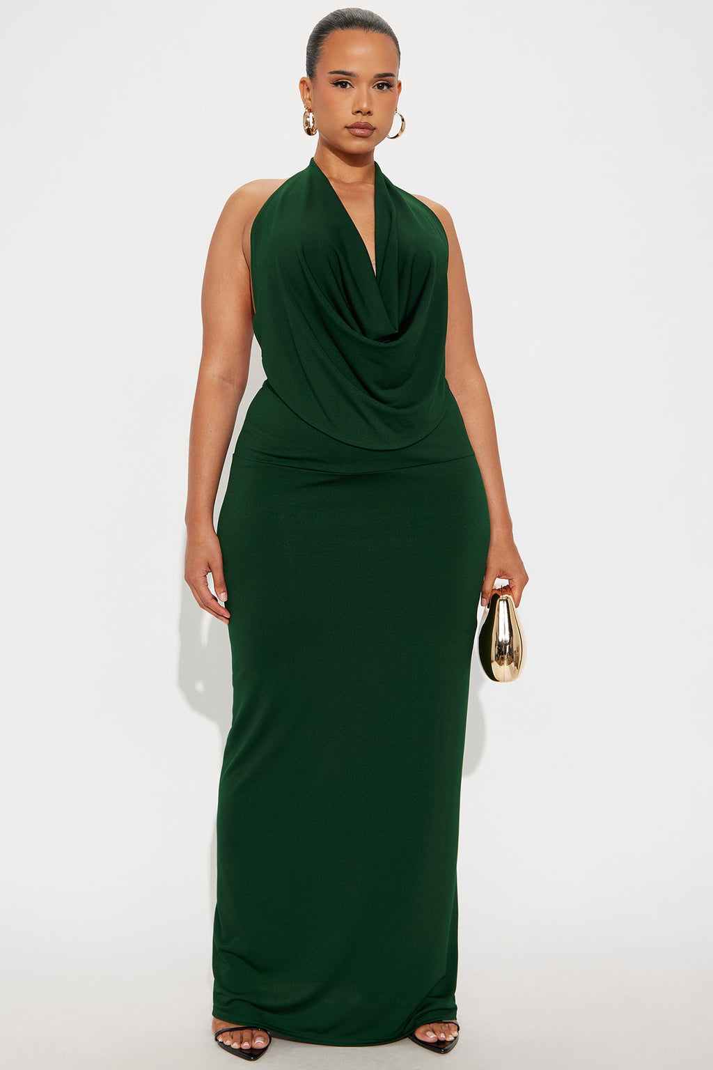 Maya Double Lined Backless Halter Maxi Skirt Set - Hunter