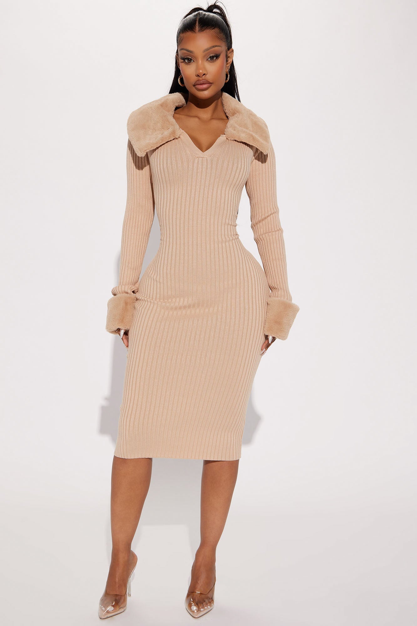 Majestic Elegance Collar Midi Dress - Nude