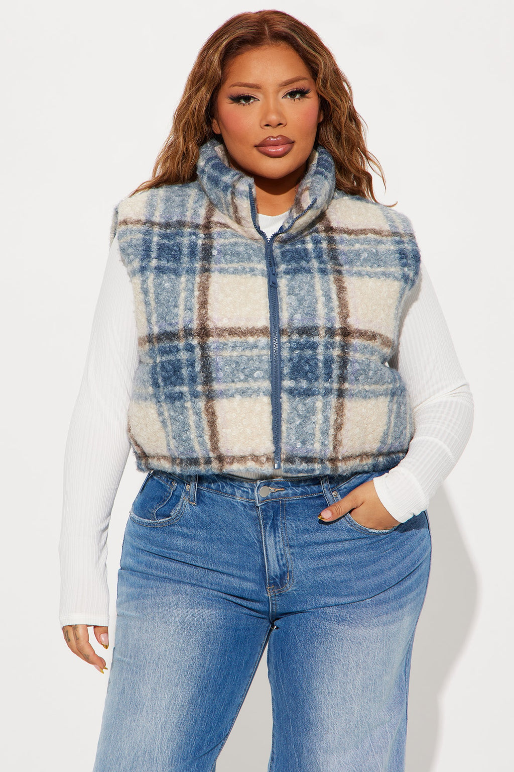 Cold Feelings Sherpa Plaid Puffer Vest - Blue/combo