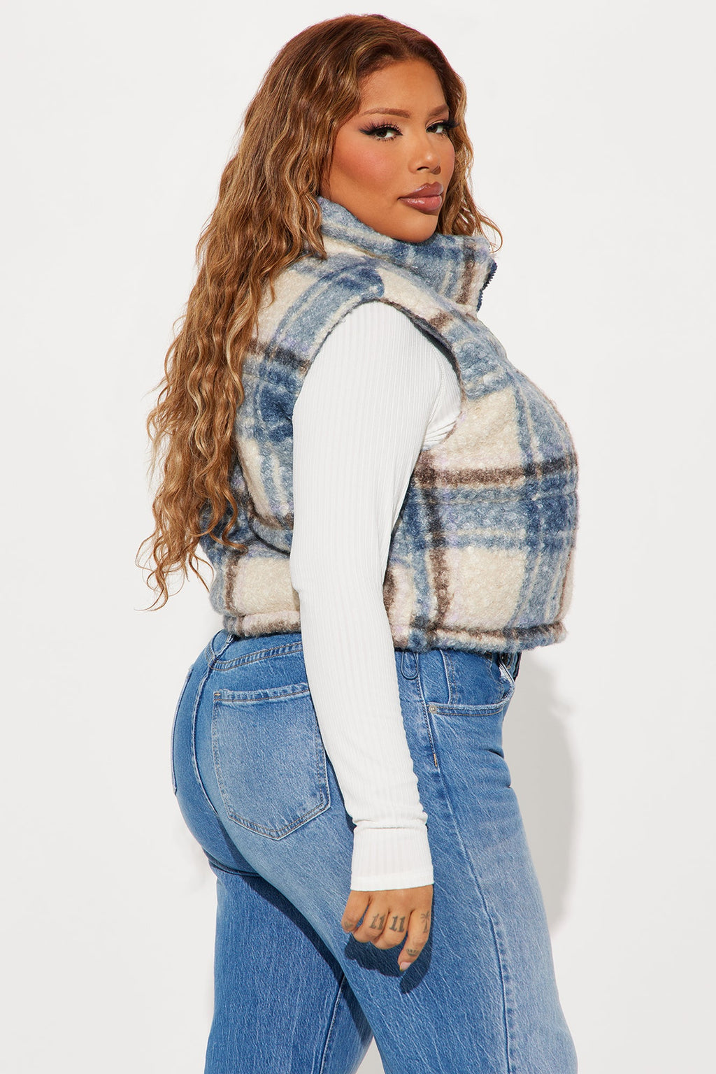 Cold Feelings Sherpa Plaid Puffer Vest - Blue/combo