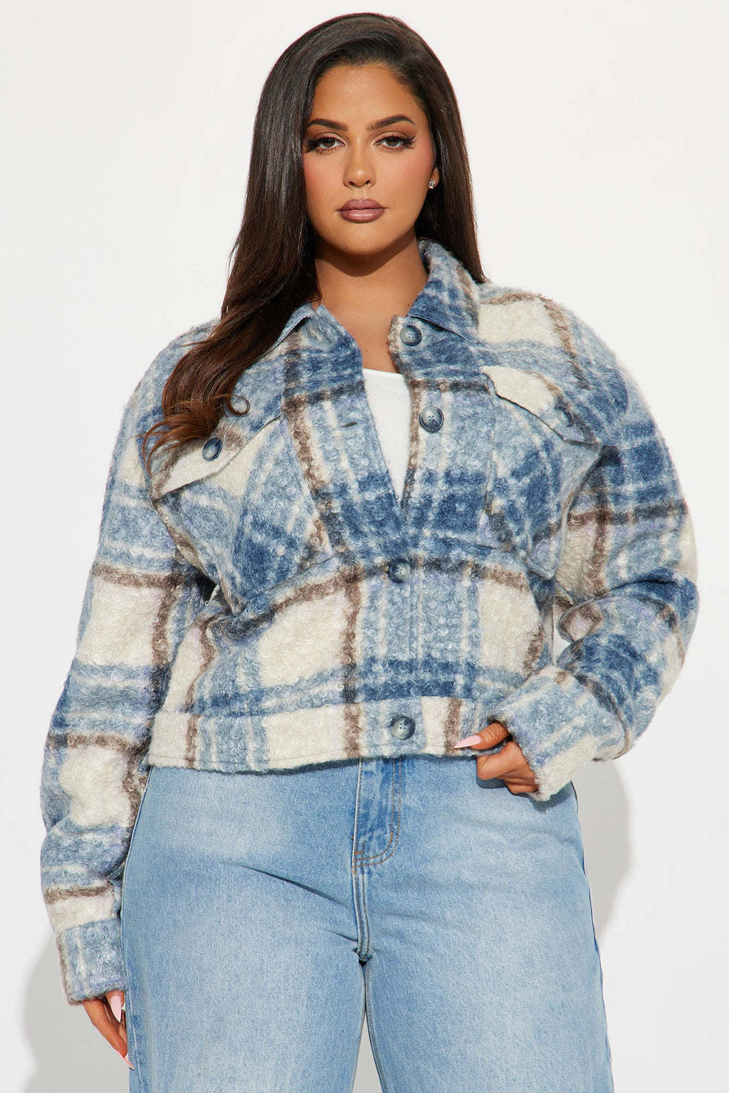 Ava Plaid Sherpa Shacket - Blue/combo