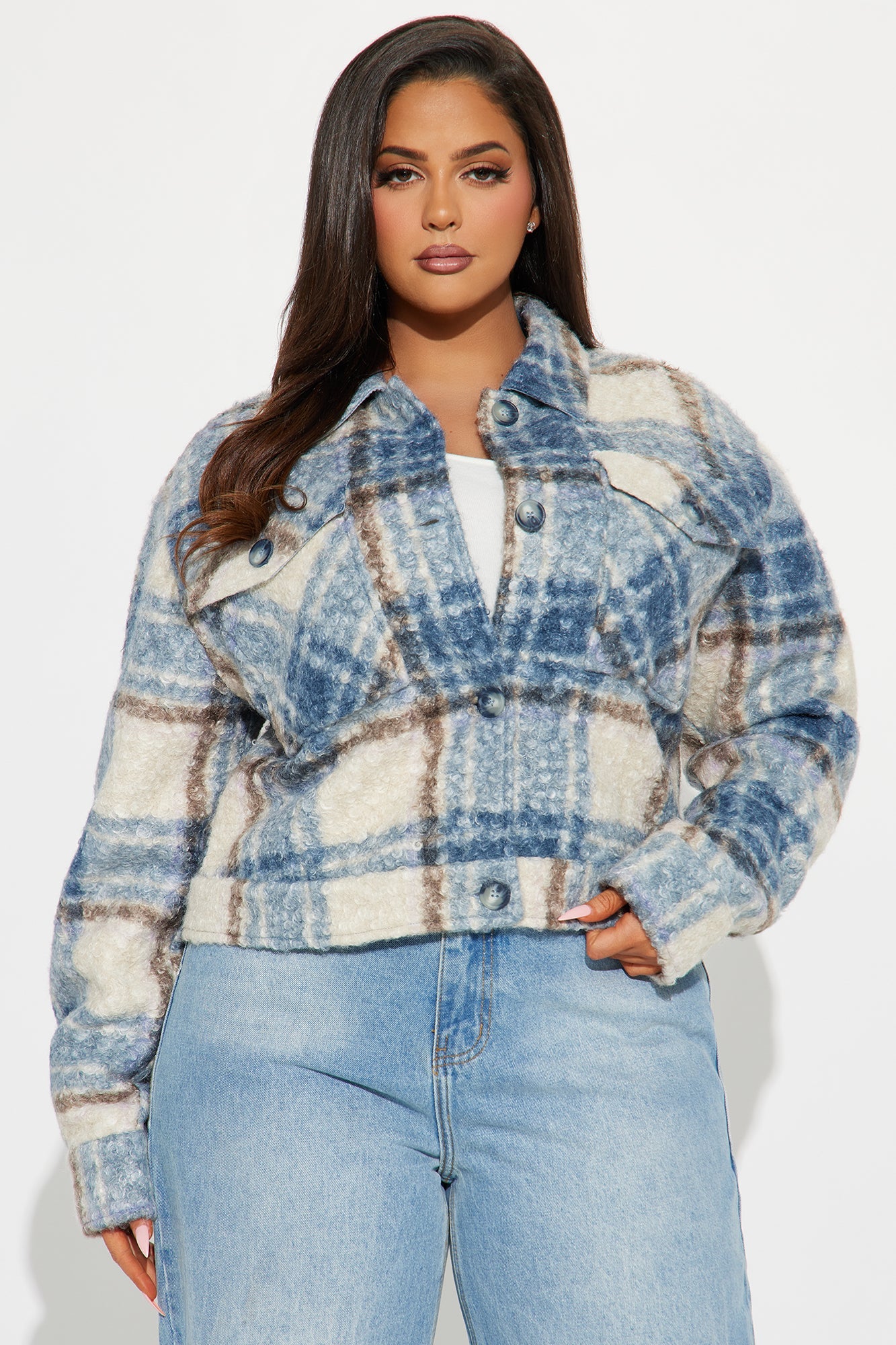 Ava Plaid Sherpa Shacket - Blue/combo