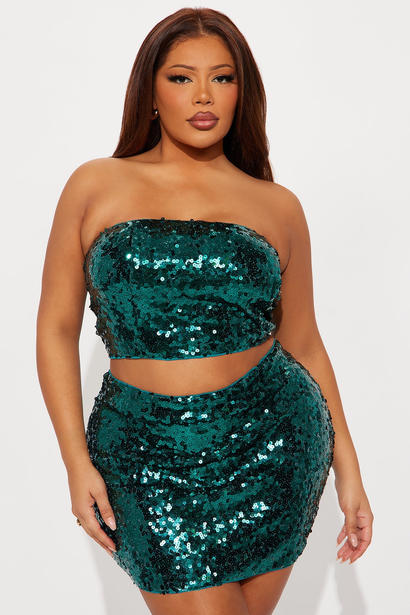 Party Sequin Tube Top Mini Skirt Set - Emerald