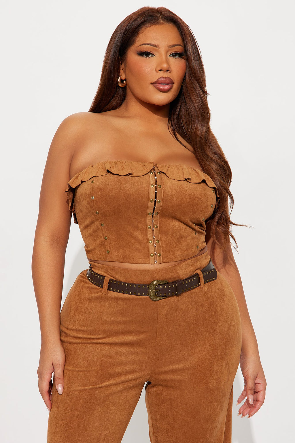 Monica Faux Suede 3 Piece Belted Pant Set - Camel