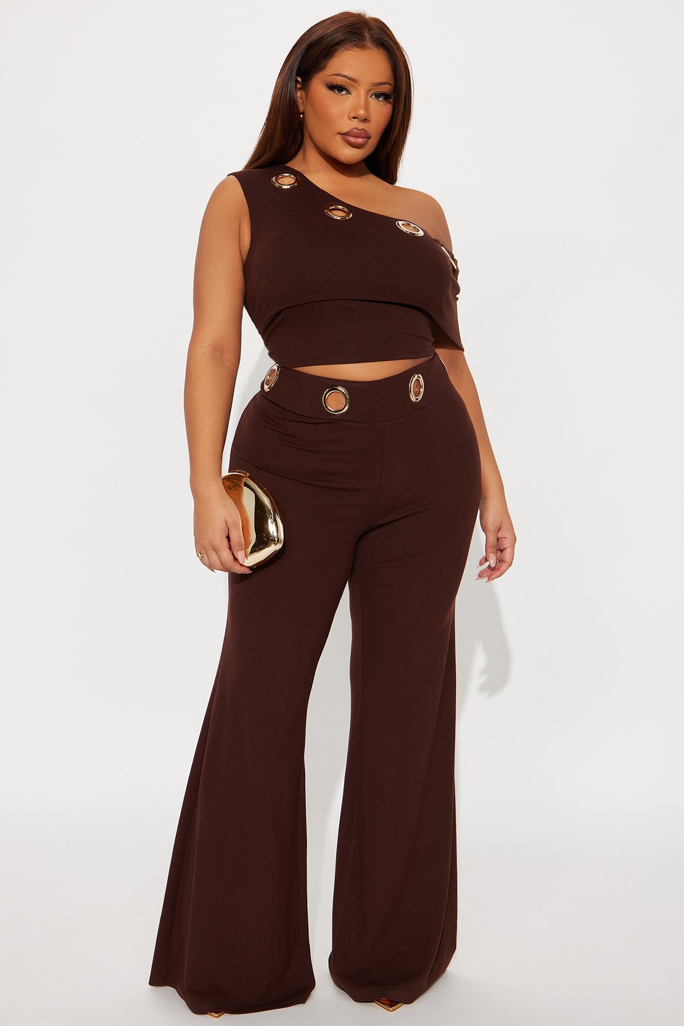 Lia Off Shoulder Grommet Pant Set - Chocolate