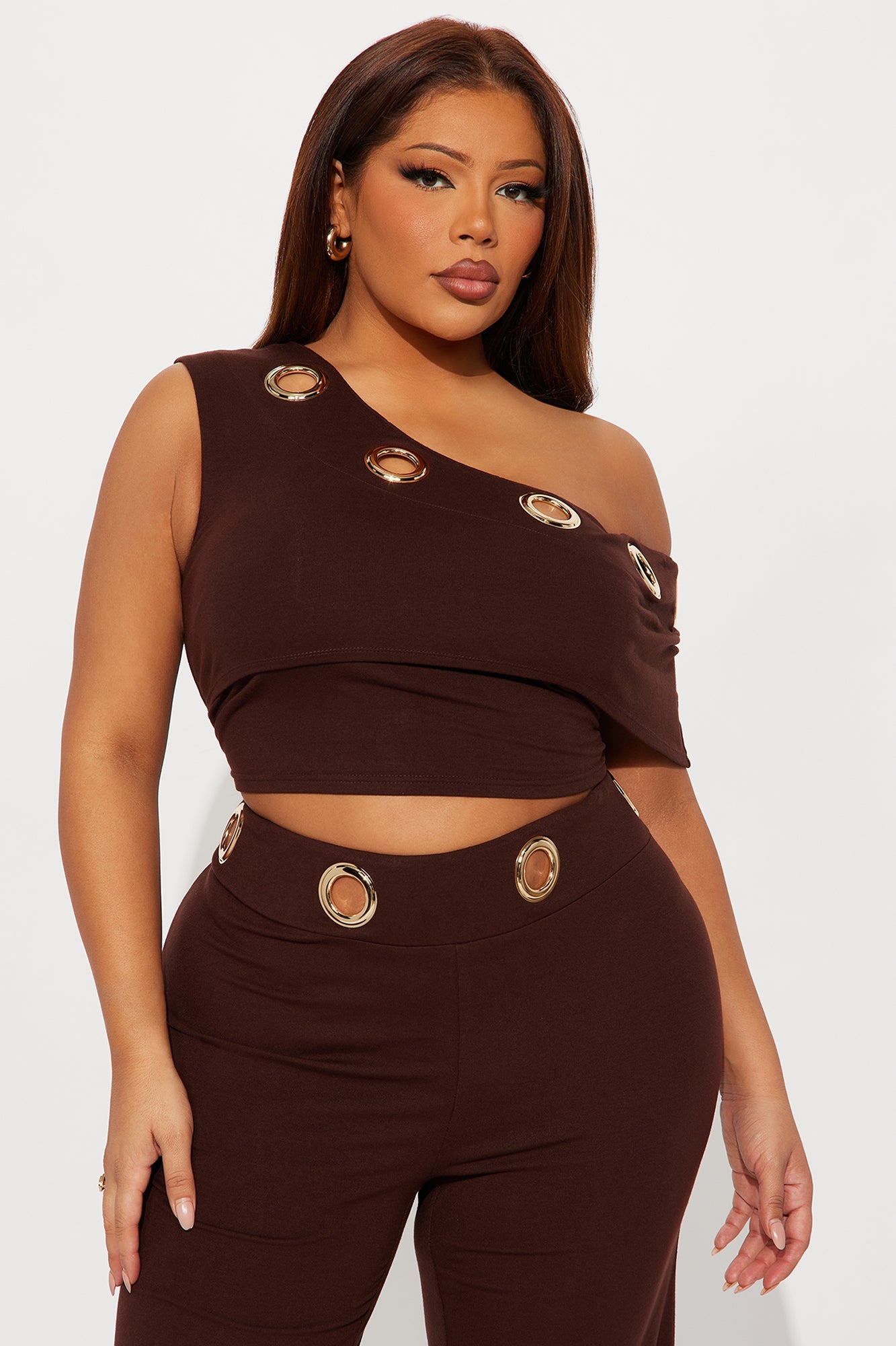 Lia Off Shoulder Grommet Pant Set - Chocolate