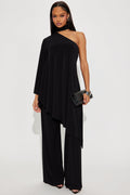 Draped Devotion One Shoulder Pant Set  - Black