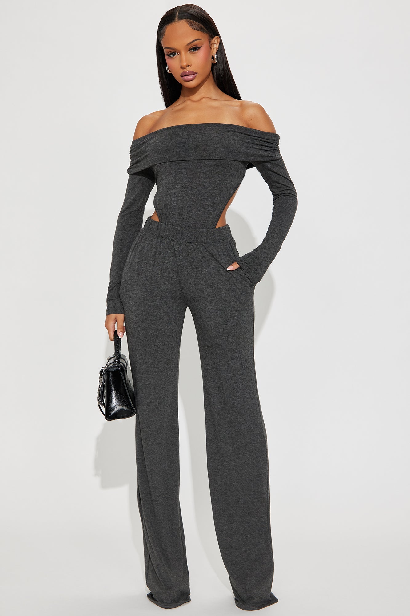 Clarissa Off Shoulder Bodysuit And Pant Set - Charcoal