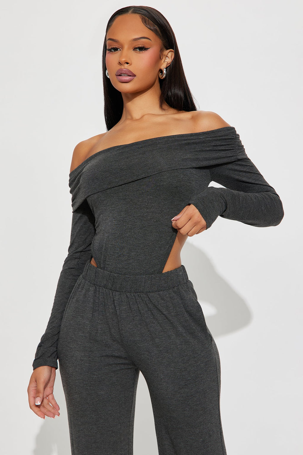 Clarissa Off Shoulder Bodysuit And Pant Set - Charcoal