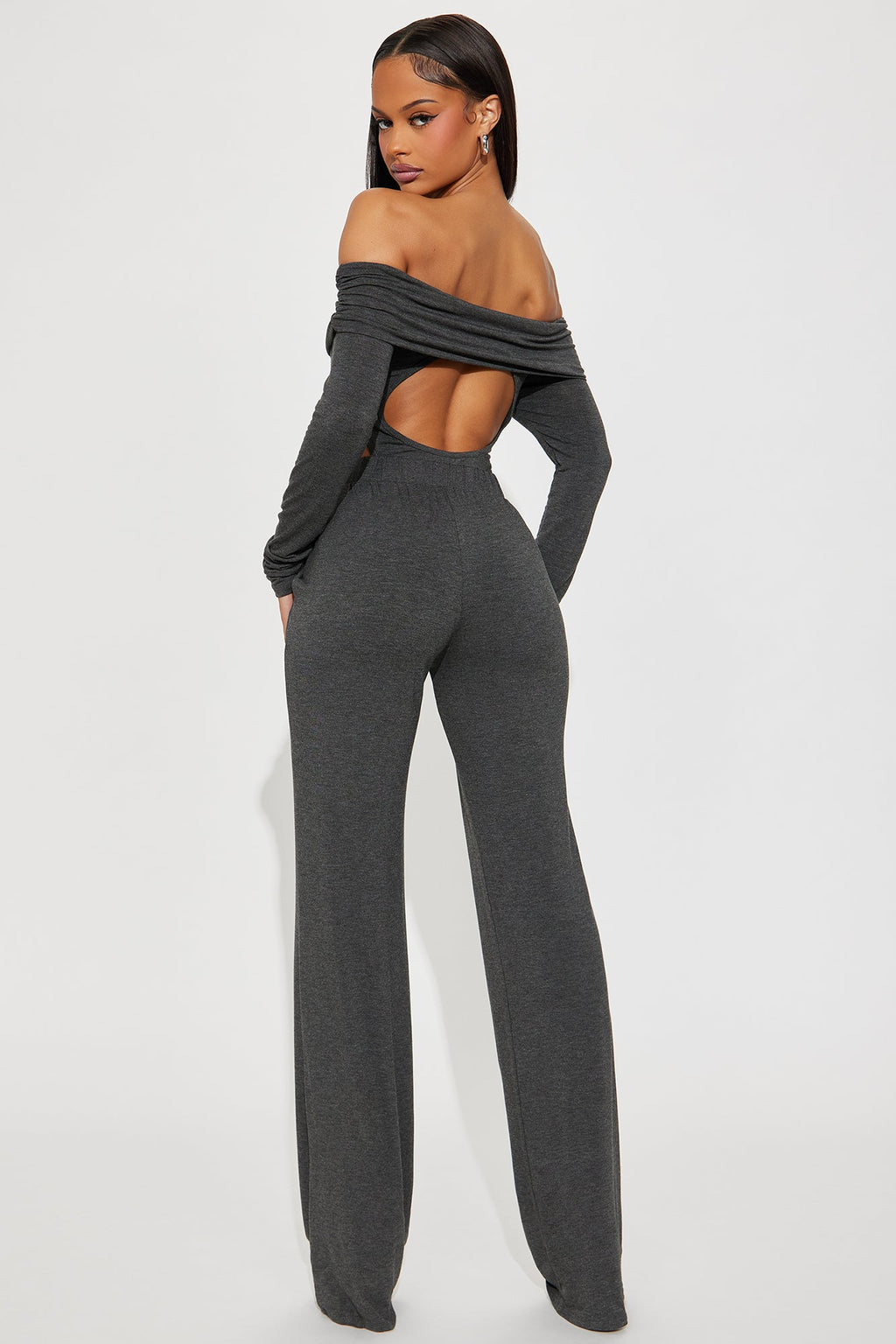 Clarissa Off Shoulder Bodysuit And Pant Set - Charcoal