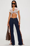 Howdy Girl Low Rise Fringe Flare Jeans - Dark Denim