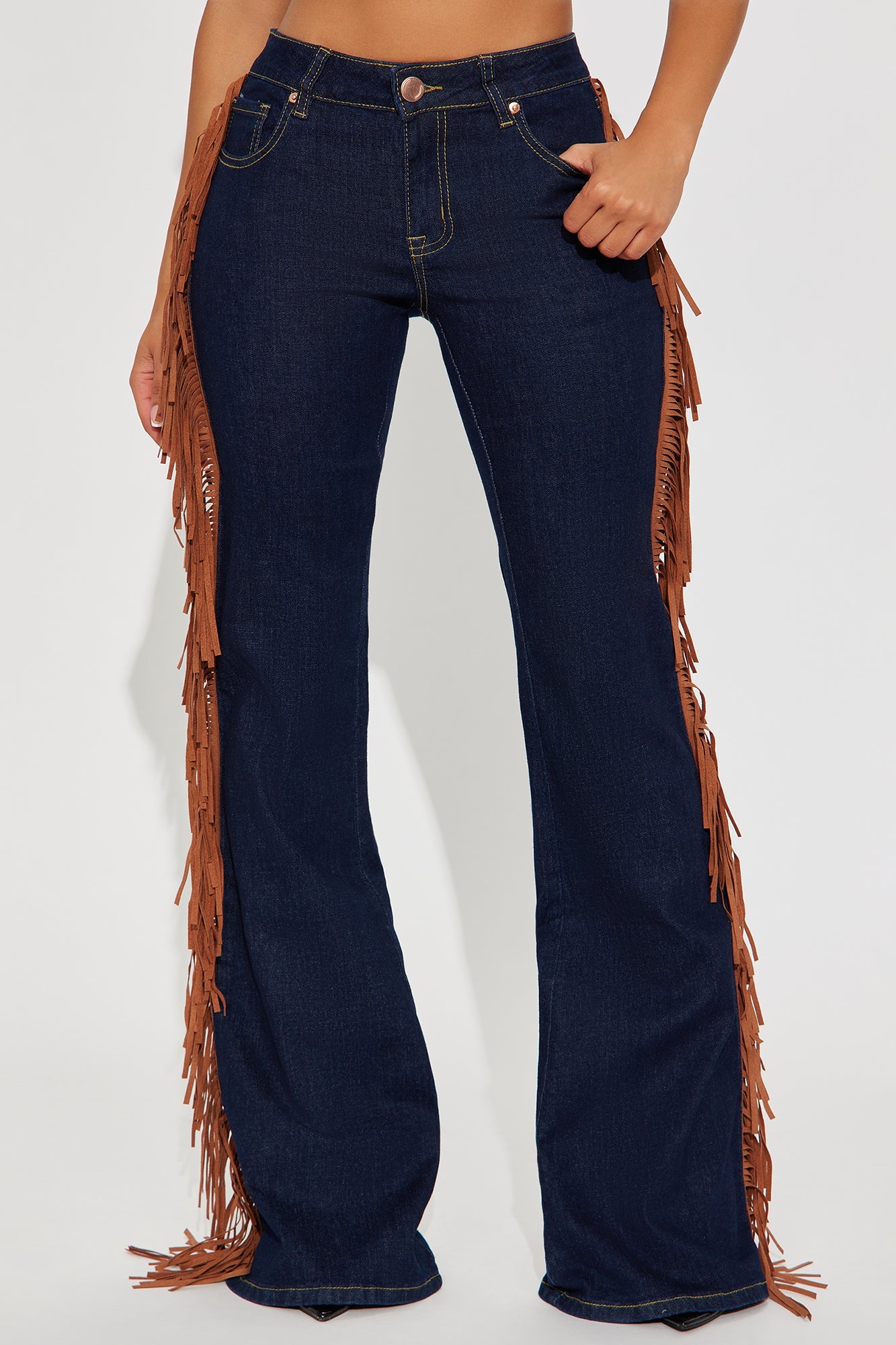 Howdy Girl Low Rise Fringe Flare Jeans - Dark Denim