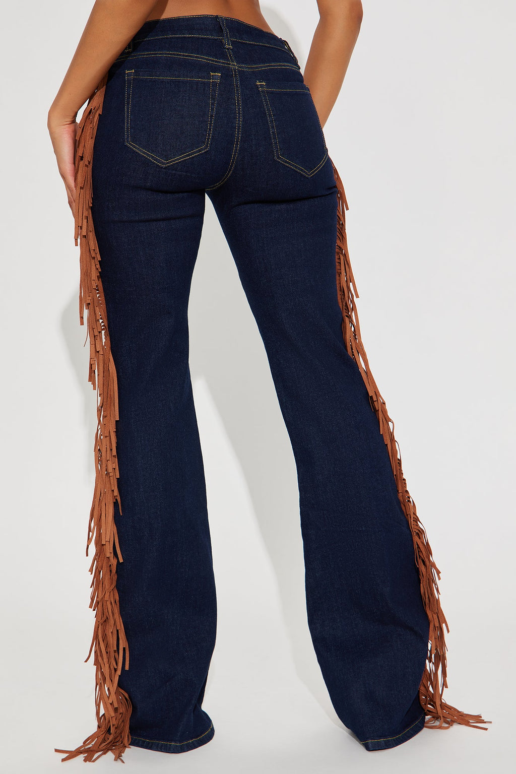 Howdy Girl Low Rise Fringe Flare Jeans - Dark Denim