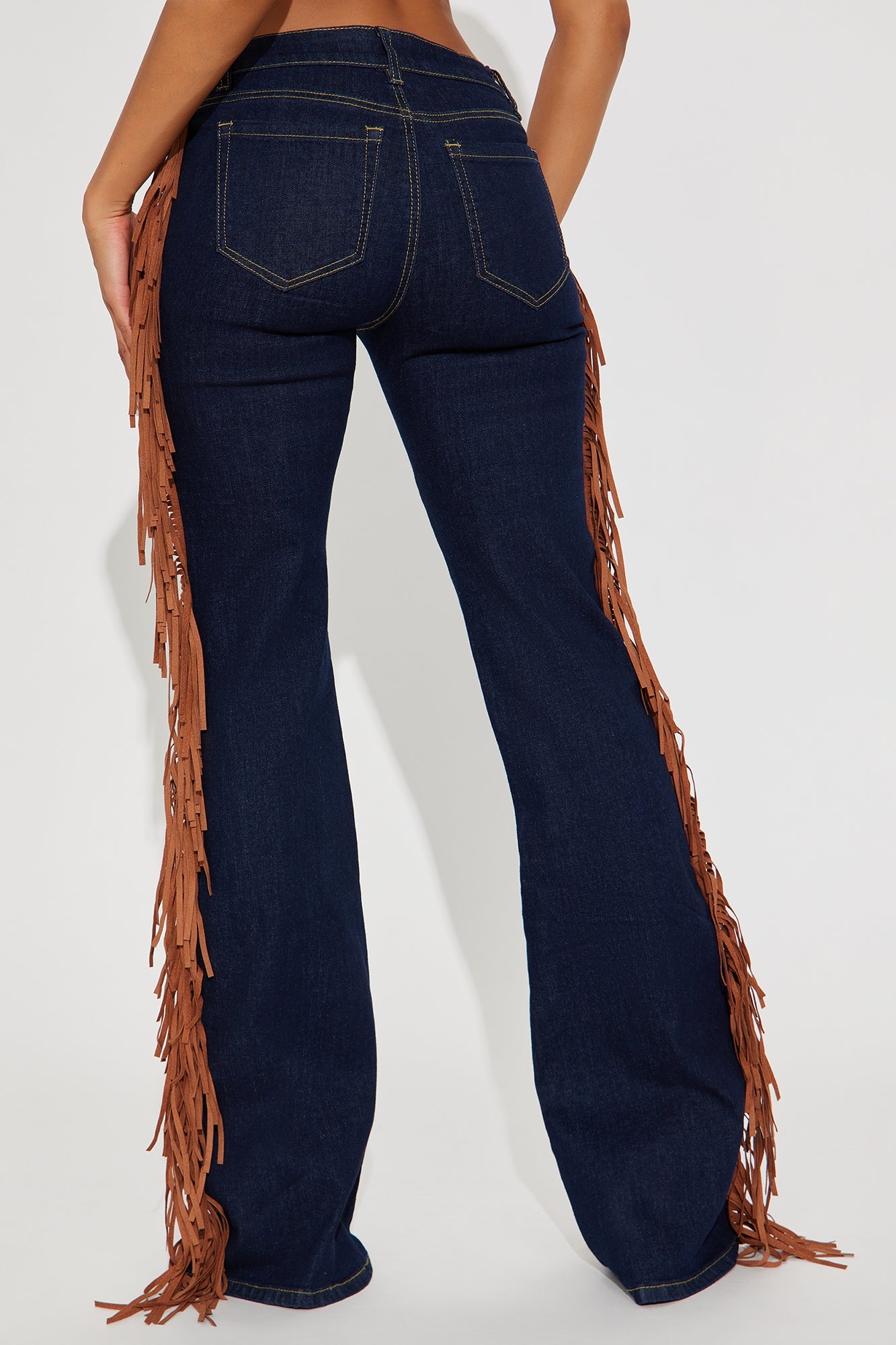 Howdy Girl Low Rise Fringe Flare Jeans - Dark Denim