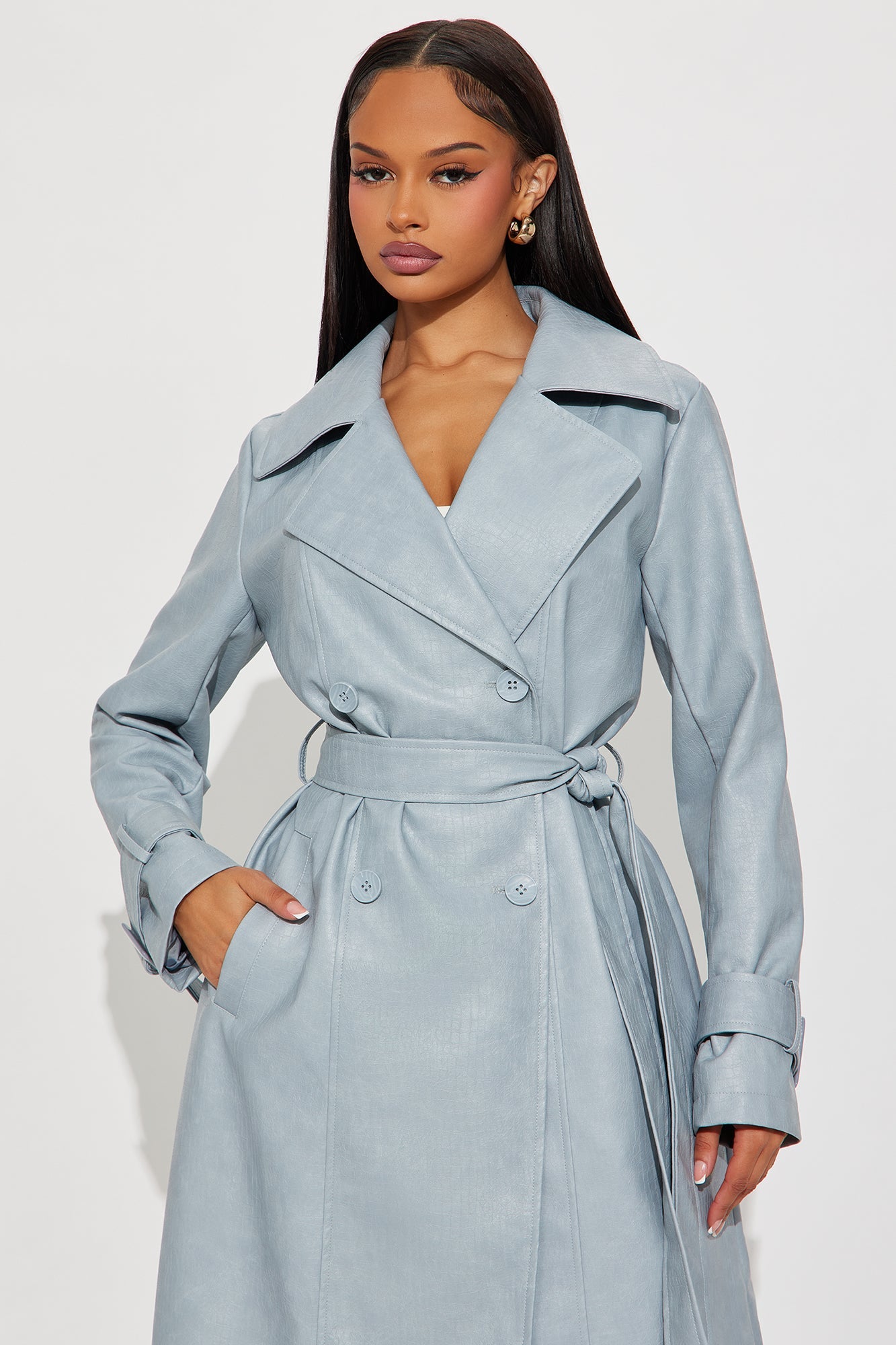 Holland Croc Embossed Trench Coat - Grey/Blue