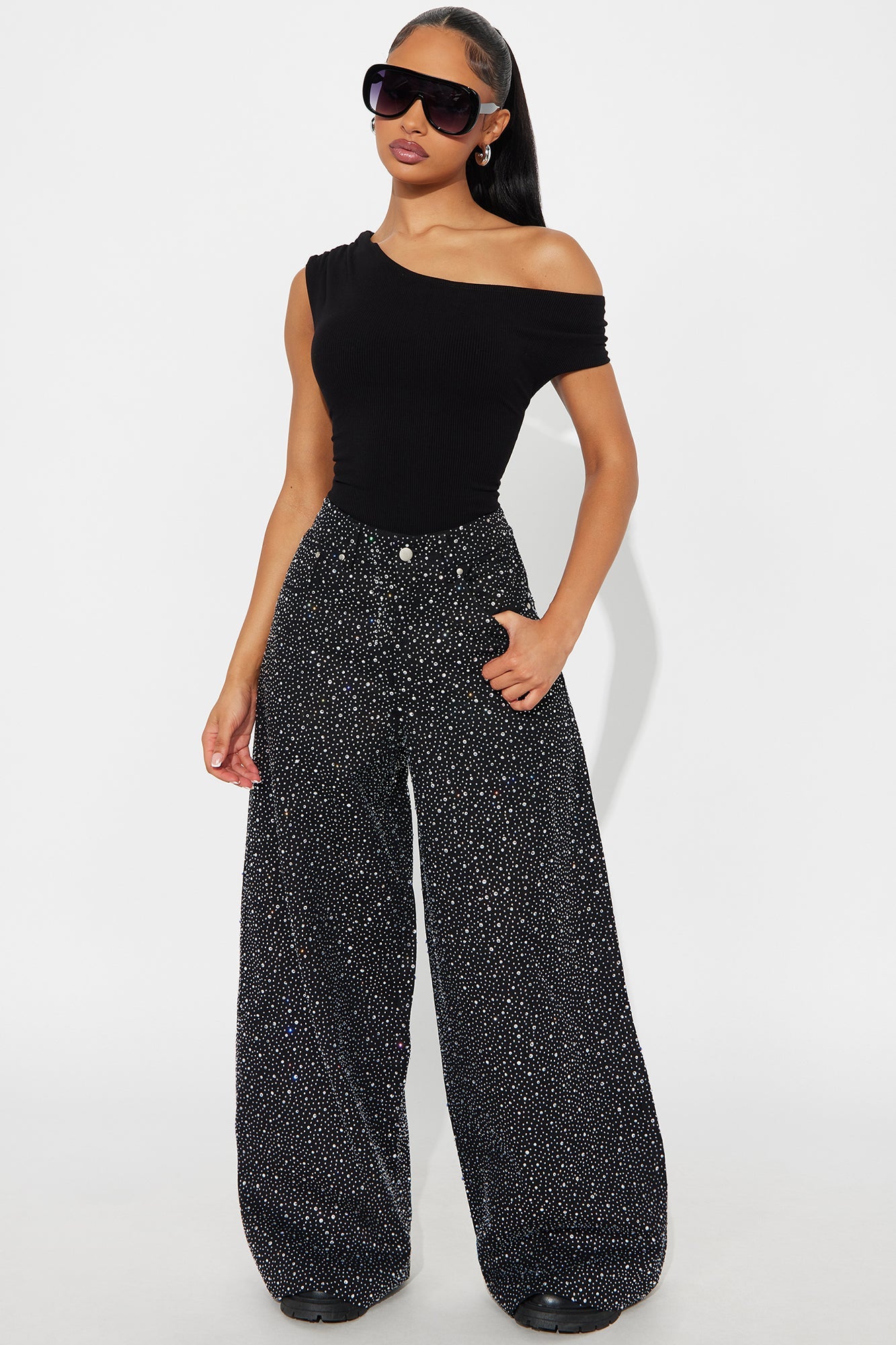 Let It Shine Sequin Wide Leg Jean - Black
