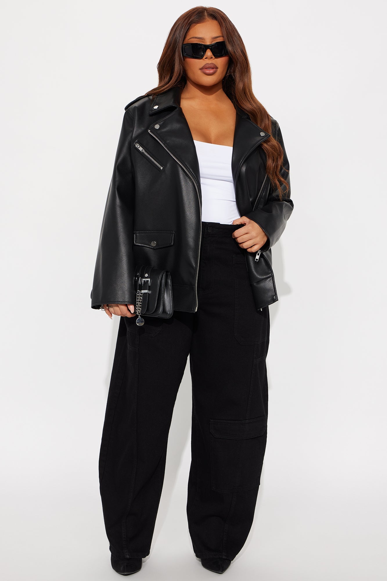 Phoebe Oversized Faux Leather Moto Jacket - Black