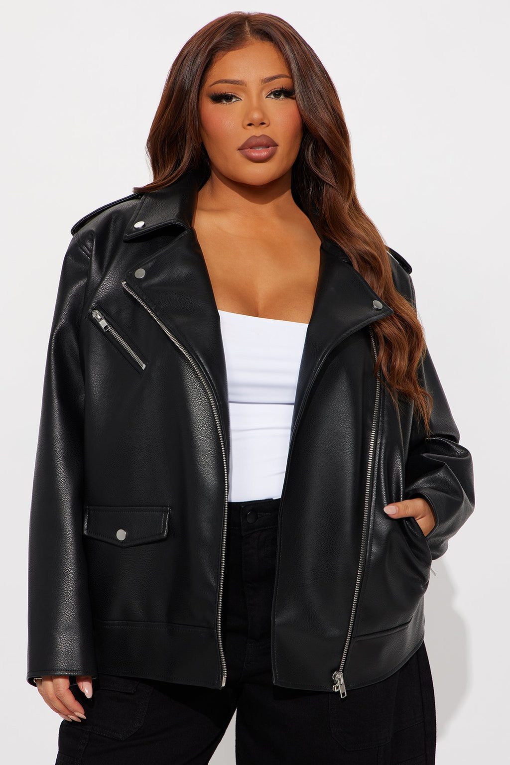 Phoebe Oversized Faux Leather Moto Jacket - Black