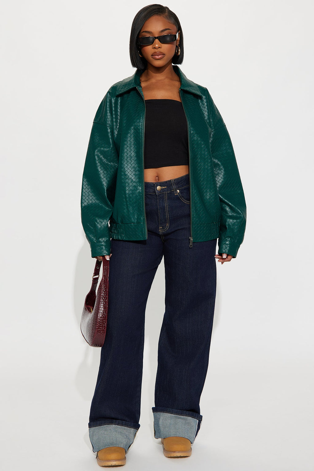 Lea Woven Faux Leather Bomber Jacket - Hunter