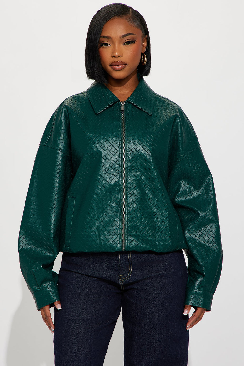 Lea Woven Faux Leather Bomber Jacket - Hunter