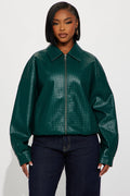 Lea Woven Faux Leather Bomber Jacket - Hunter