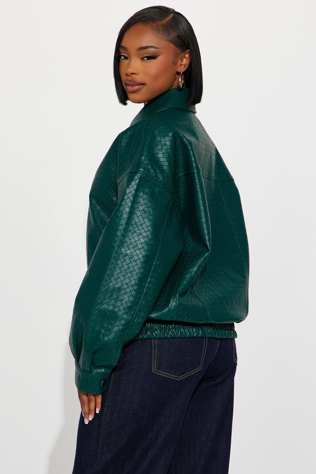 Lea Woven Faux Leather Bomber Jacket - Hunter
