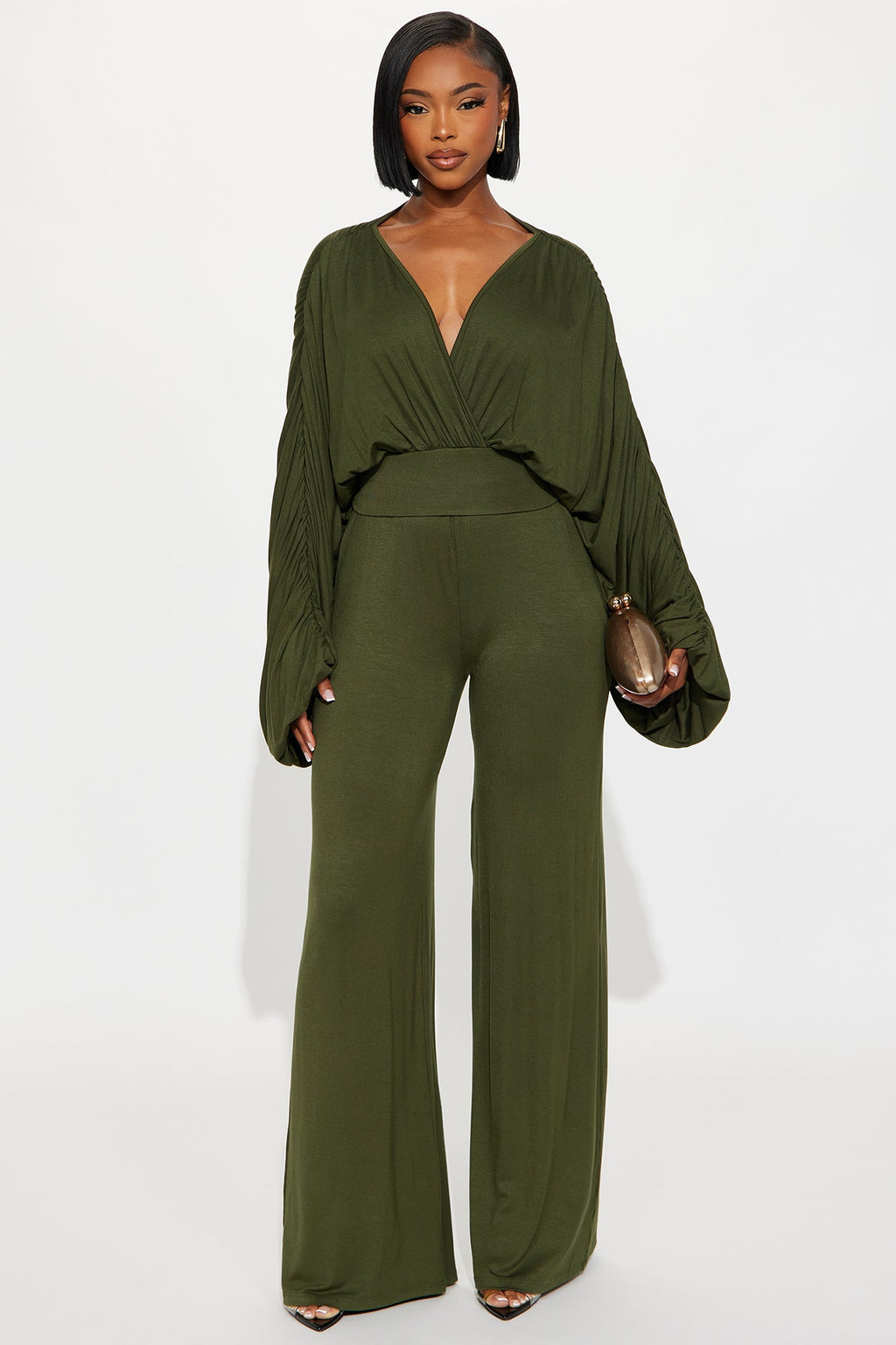 Ariana Ruched Sleeve Pant Set - Olive