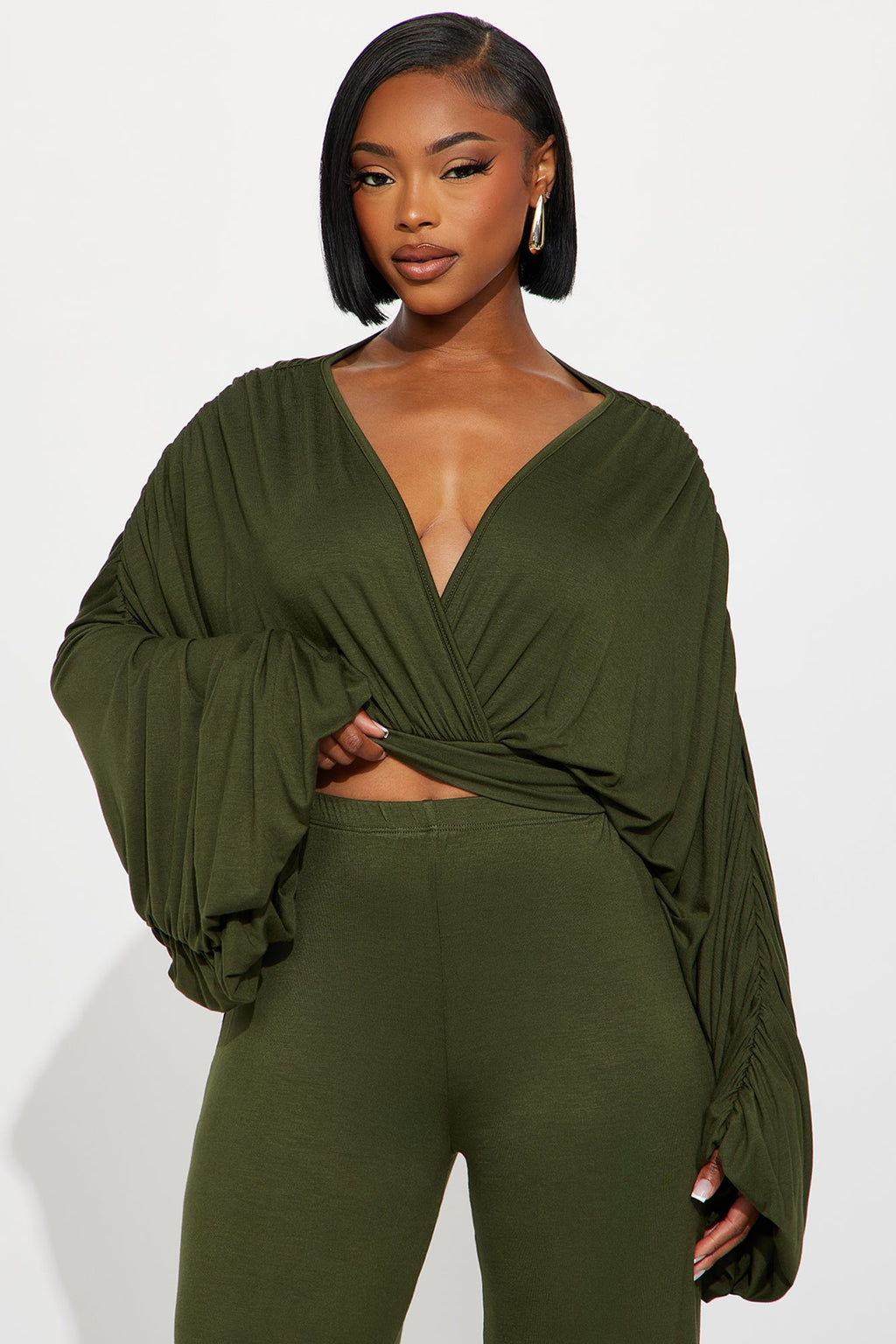 Ariana Ruched Sleeve Pant Set - Olive