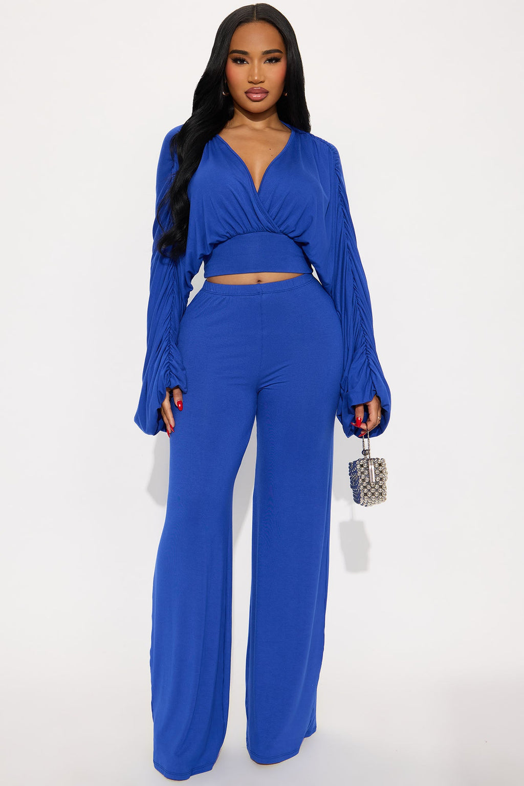 Ariana Ruched Sleeve Pant Set - Royal