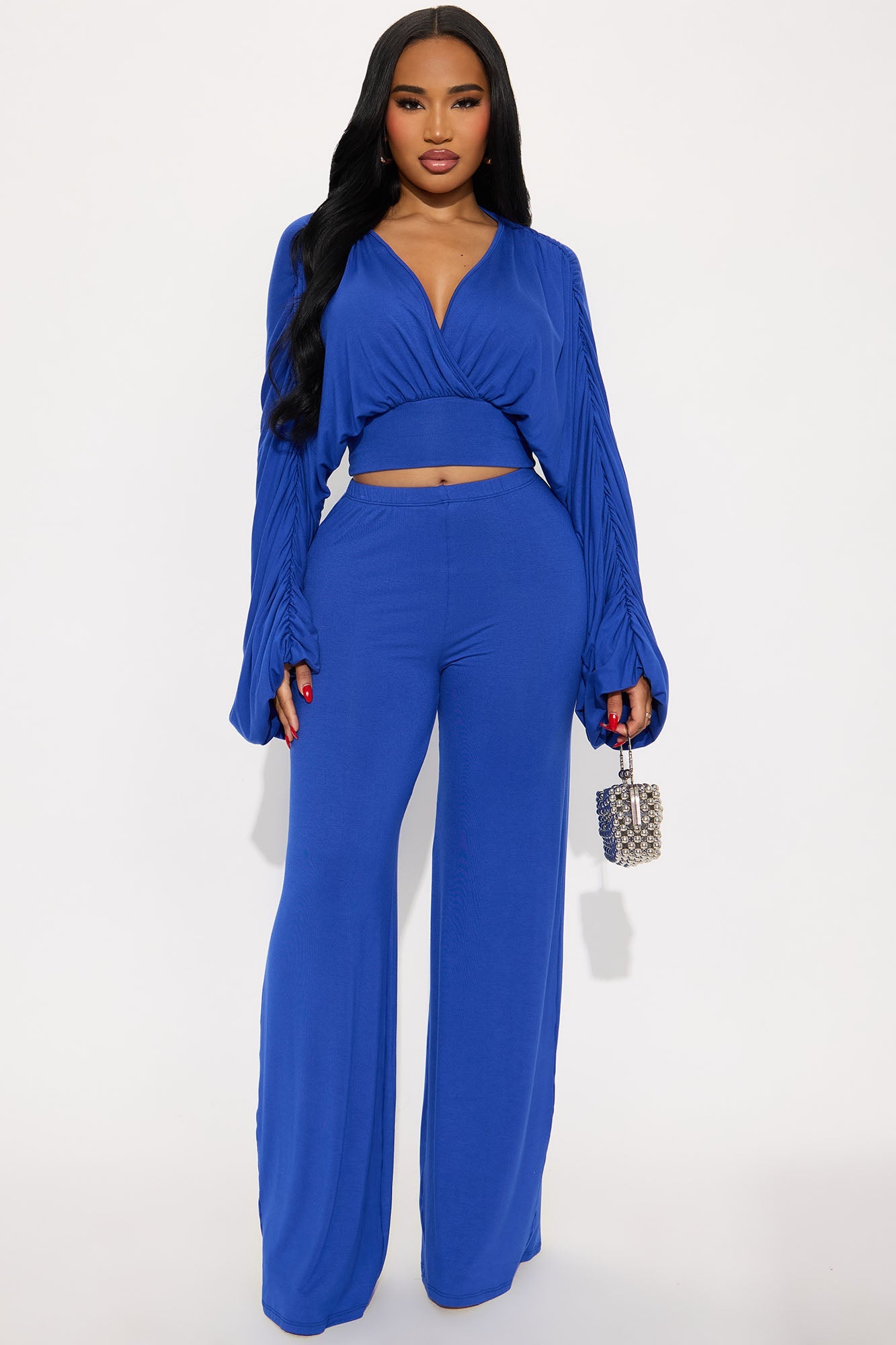 Ariana Ruched Sleeve Pant Set - Royal