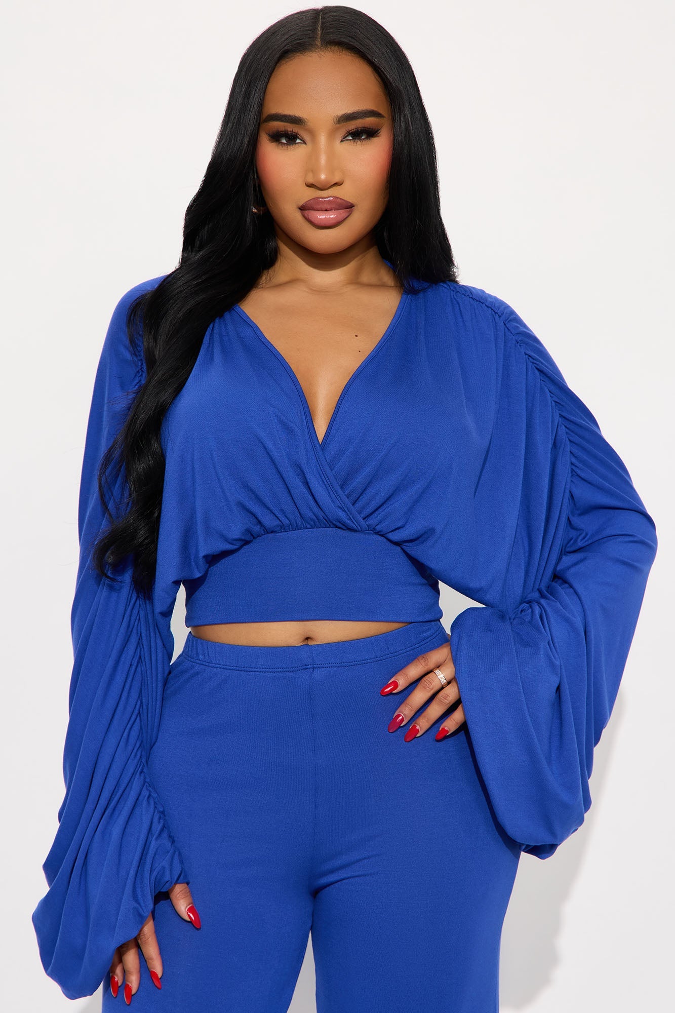 Ariana Ruched Sleeve Pant Set - Royal