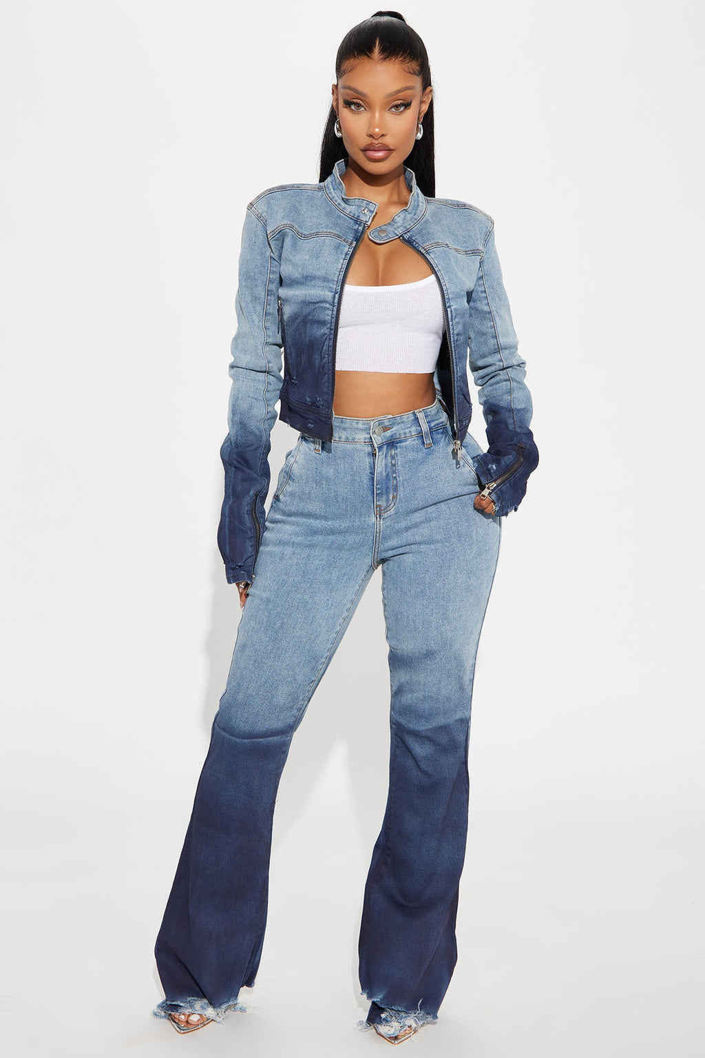 Out Of Reach Ombre Moto Denim Jacket - Medium Wash