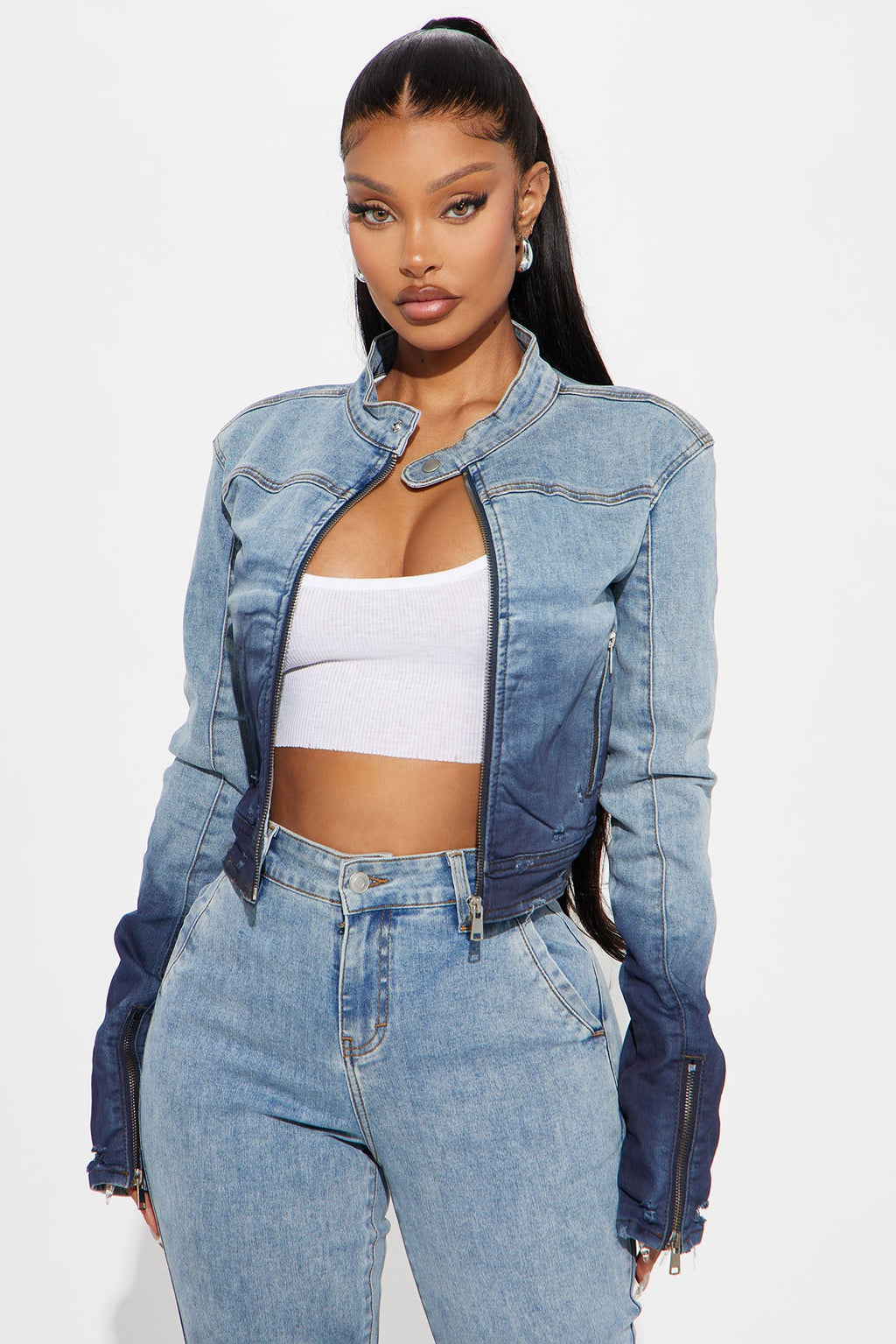 Out Of Reach Ombre Moto Denim Jacket - Medium Wash