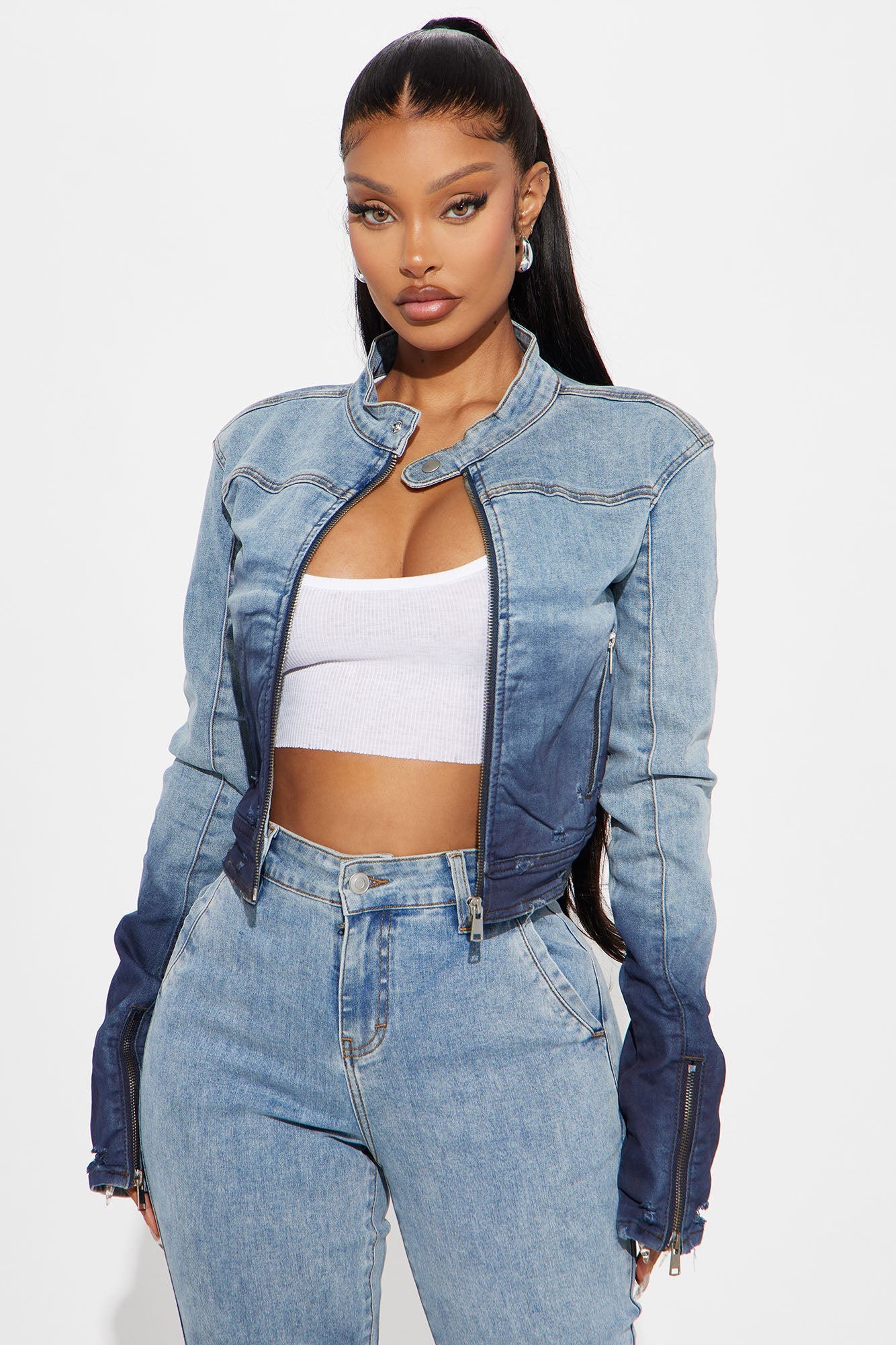 Out Of Reach Ombre Moto Denim Jacket - Medium Wash