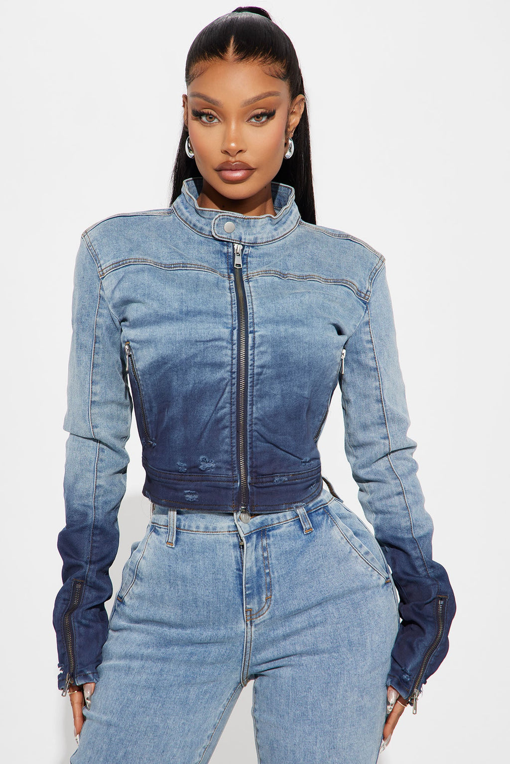 Out Of Reach Ombre Moto Denim Jacket - Medium Wash