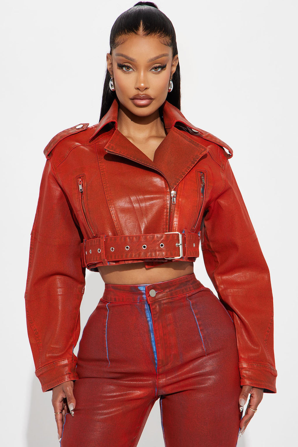 In The Aftermath Coated Moto Denim Jacket - Red