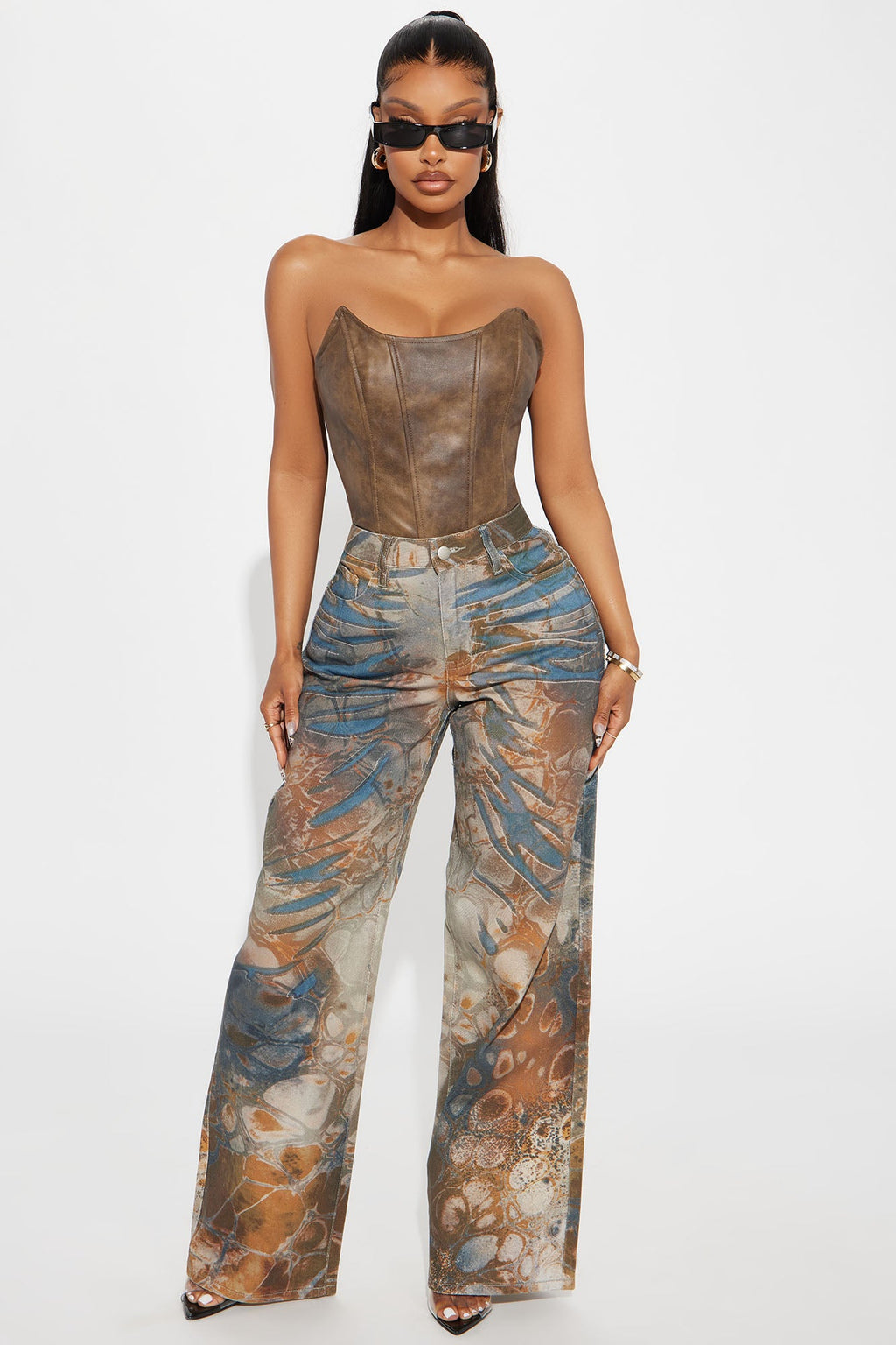 Striking A Chord Abstract Print Wide Leg Jeans - Brown/combo