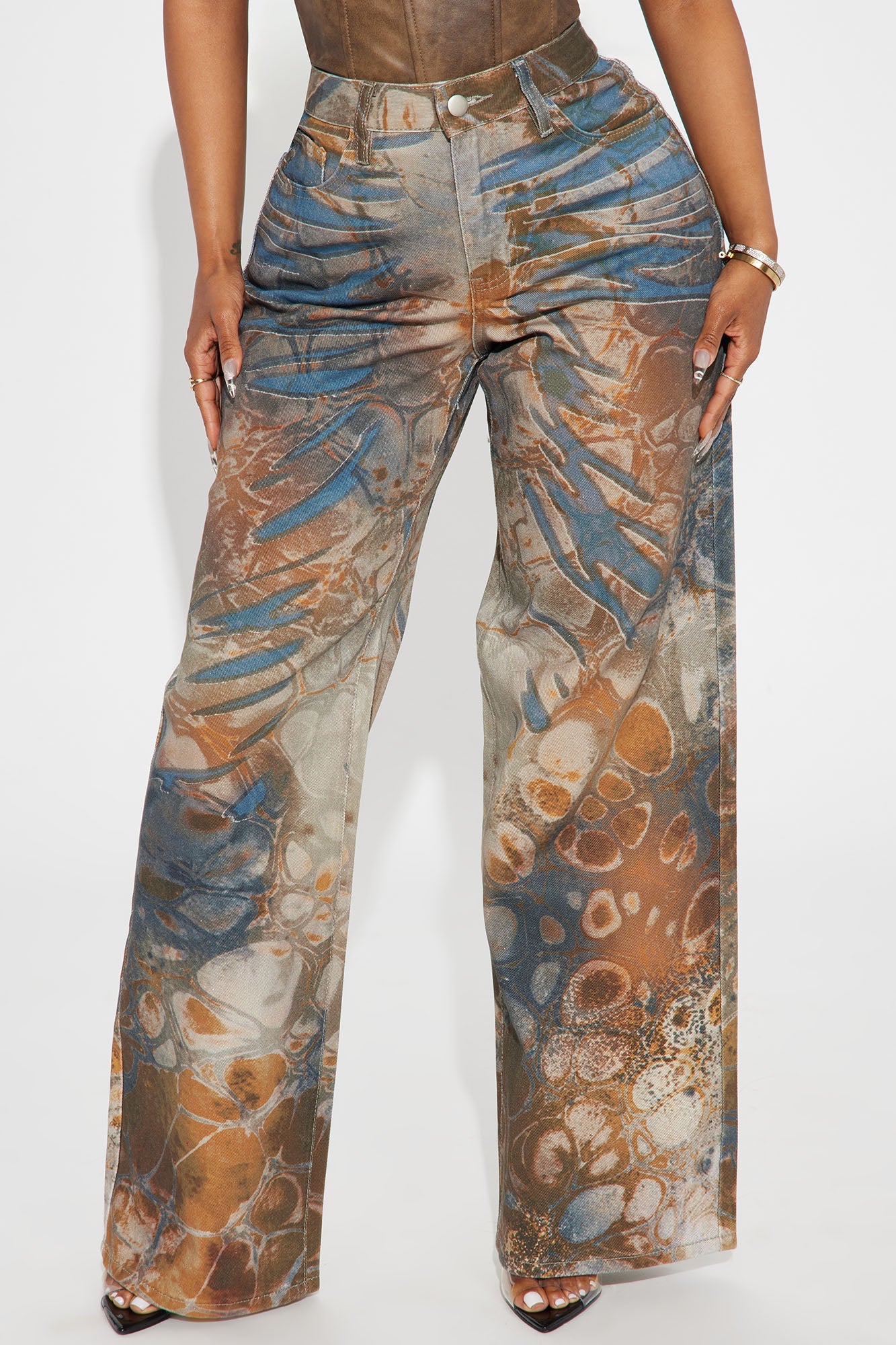 Striking A Chord Abstract Print Wide Leg Jeans - Brown/combo