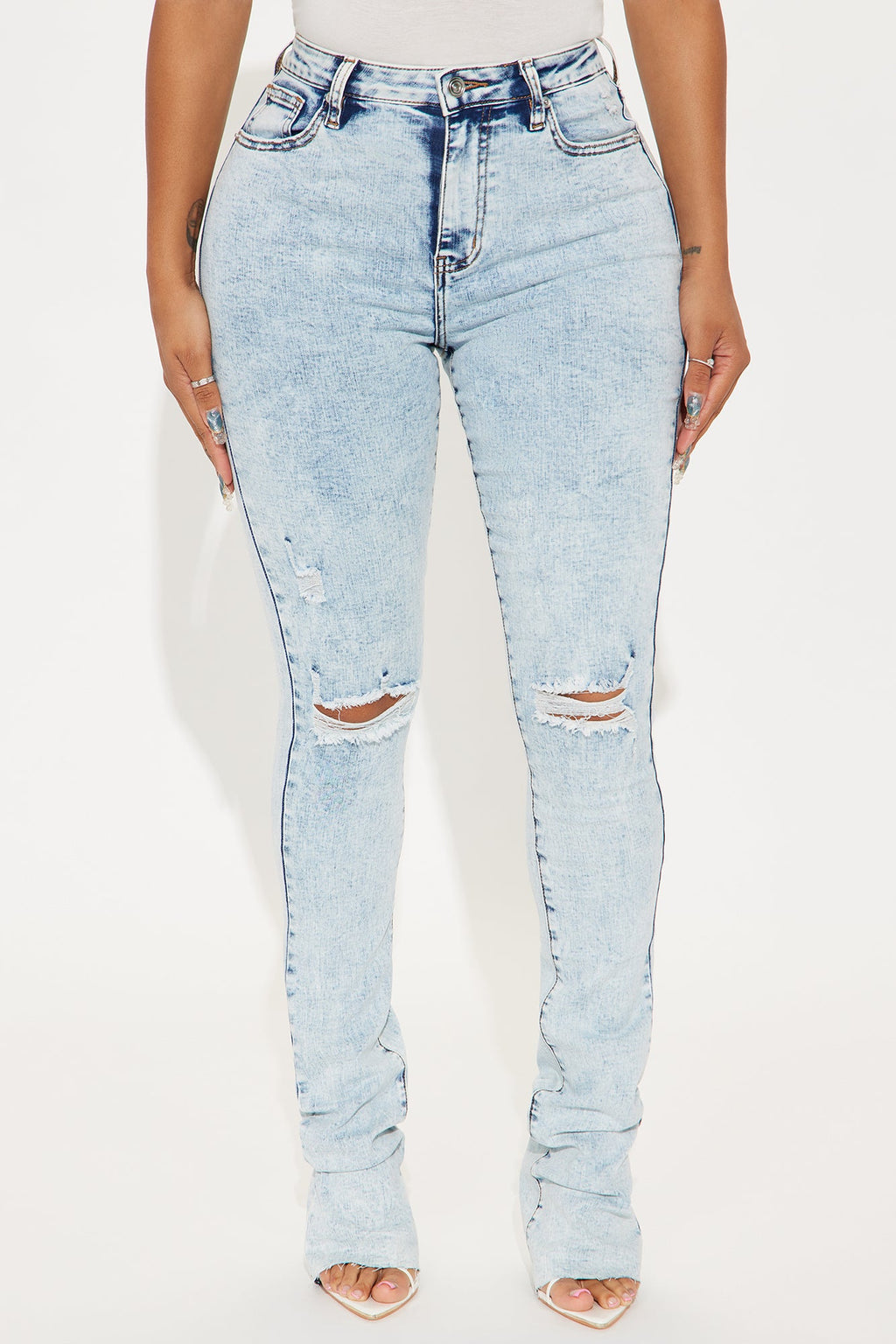 Tall Best Stretch Ripped High Rise Bootcut Jeans - Acid Wash Denim