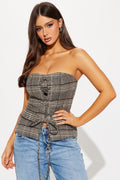 Golden Girl Plaid Corset Top - Brown/combo