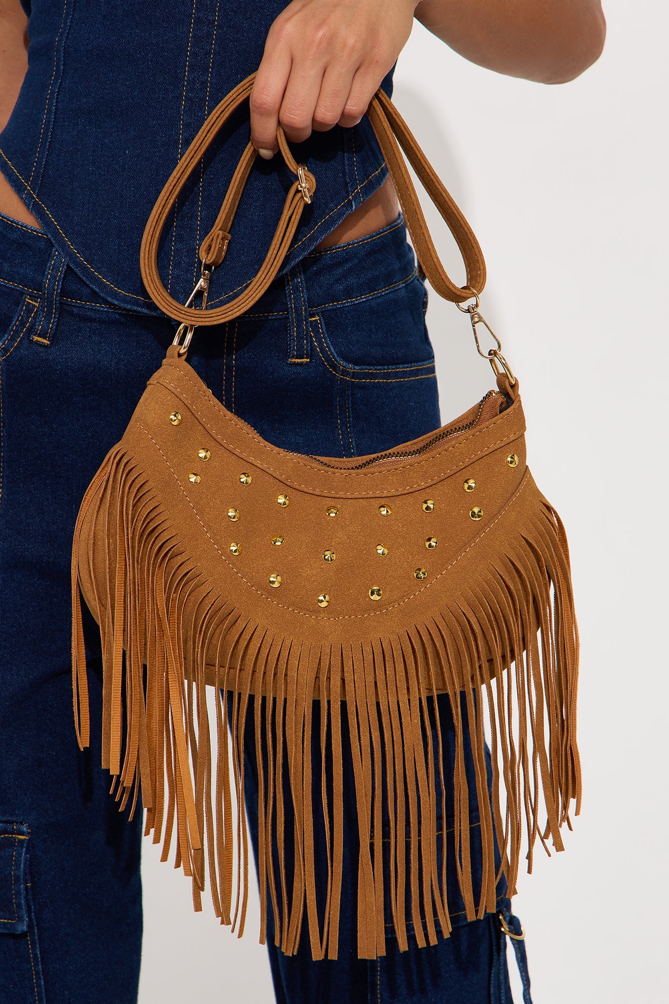 Wild Night Studded Fringe Shoulder Handbag - Cognac