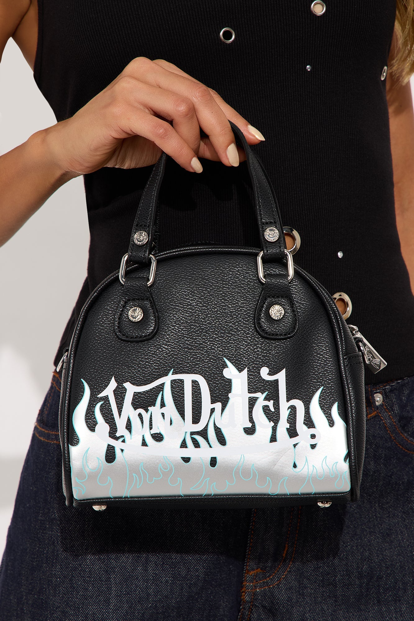 Contrast Flames Von Dutch Faux Leather Handbag - Black/Silver