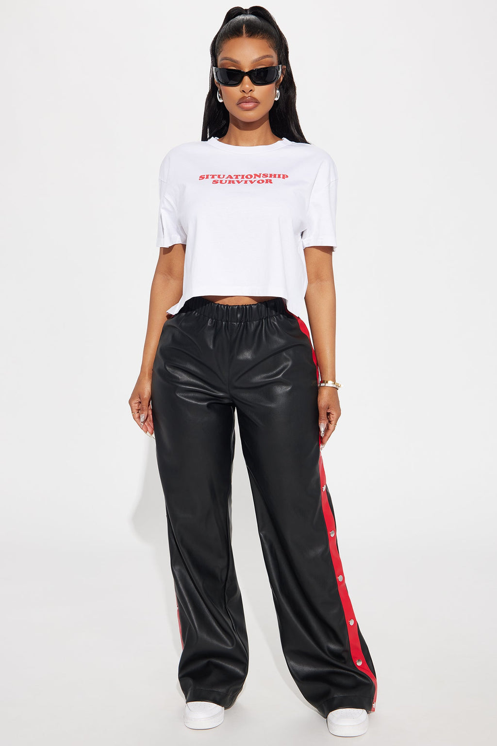 Street Feels Faux Leather Track Pant - Black/Red